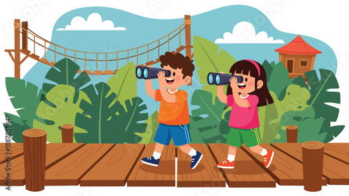 Flat vector illustration of a kid walking a jungle boardwalk trail with toy binoculars, oversized leaves, rope bridge and ranger hut backdrop. Solid colors, no gradients
