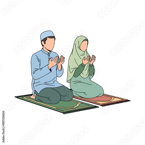 Muslim Couple Praying Dua on Prayer Mats Religion Culture