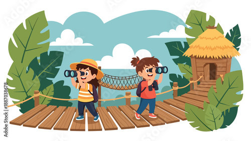 Flat vector illustration of a kid walking a jungle boardwalk trail with toy binoculars, oversized leaves, rope bridge and ranger hut backdrop. Solid colors, no gradients
