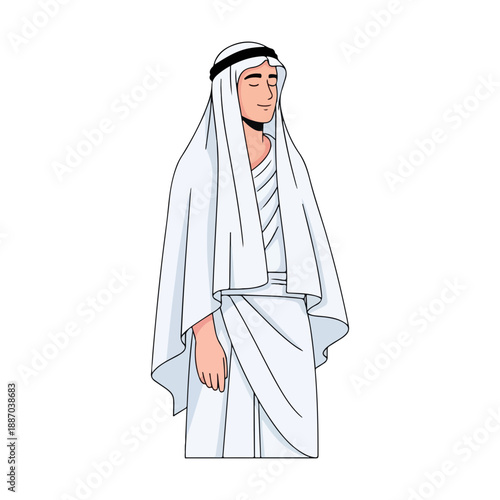 Pilgrim Man Wearing Ihram Clothes for Hajj or Umrah Cartoon