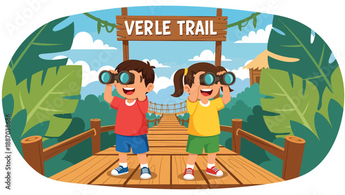 Flat vector illustration of a kid walking a jungle boardwalk trail with toy binoculars, oversized leaves, rope bridge and ranger hut backdrop. Solid colors, no gradients