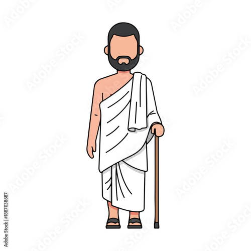 Muslim Pilgrim Wearing Ihram Clothes Holding Cane Simple Vector