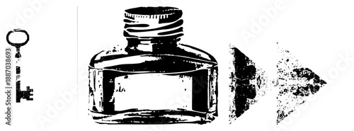Vintage Ink Bottle with Key and Stylized Arrow Symbols