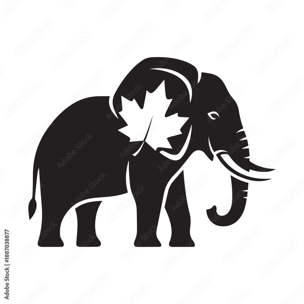 Fototapeta premium Elephant silhouette with a Canadian maple leaf on its side, symbolizing Canadian strength or identity