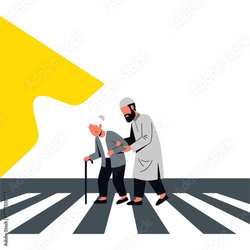 Elderly Man Assisted by Caregiver Crossing Road.