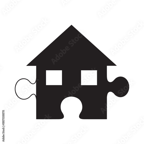 Black house shaped puzzle piece, symbolizing home ownership, real estate, or belonging