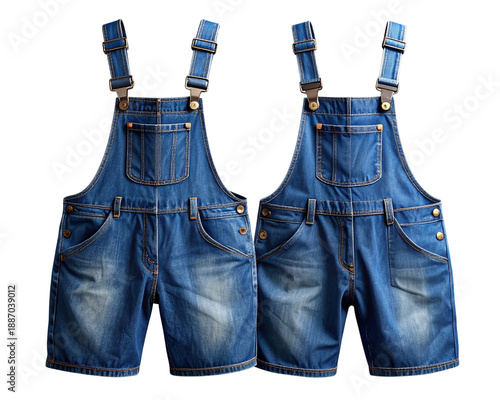 A studio-quality shot of denim overalls displayed from the front, featuring varying 