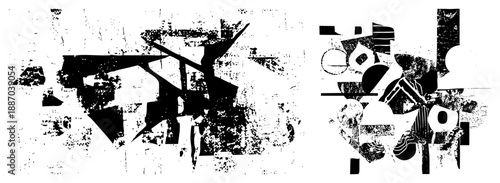 Abstract Geometric Composition with Textured Black Shapes on White