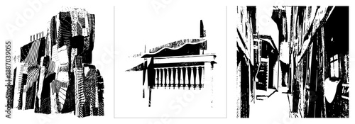 Abstract Architectural Structures in High Contrast Halftone Vector Art