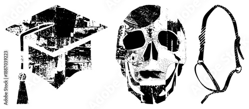 Vintage Grunge Grad Cap, Skull, and Head Harness Vector