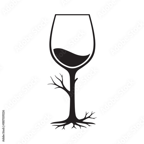 Wine glass with a tree trunk and roots, symbolizing the deep roots of wine or aged vintages