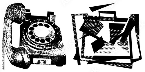 Vintage Rotary Phone and Abstract Geometric Shapes in Halftone Style