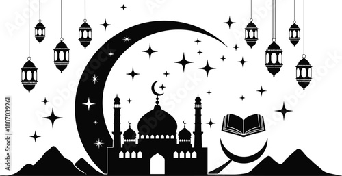 Crescent moon mosque silhouette, Quran icon, hanging lanterns, stars, mountains, Ramadan theme, Eid celebration, flat vector illustration