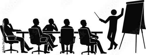 Business meeting presentation silhouette, corporate training seminar with speaker and audience, teamwork discussion, leadership coaching, office conference concept illustration