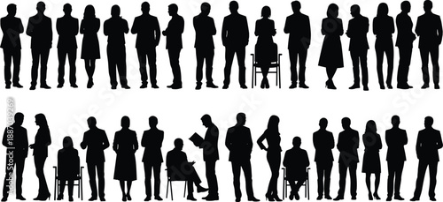 Business people silhouettes collection, professional men and women standing sitting communicating teamwork concepts, black corporate human figures isolated on white background
