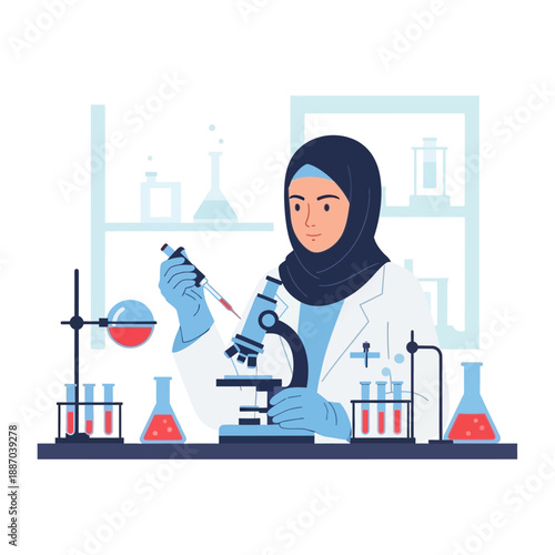 Female Scientist Wearing Hijab Conducting Experiment.