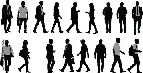 Business people silhouettes walking collection, men women professionals, office commuters crowd, isolated black human figures, modern urban workforce concept lifestyle