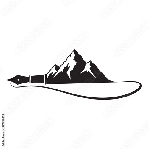 Poetic adventure concept with mountains formed by a fountain pen's ink trail