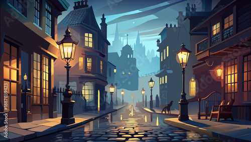 Very beautiful foggy Victorian London street at night with cobblestone road and glowing gas lamps, creating a mysterious historical atmosphere filled with intrigue, shadows, and timeless urban drama.