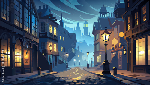 Very beautiful foggy Victorian London street at night with cobblestone road and glowing gas lamps, creating a mysterious historical atmosphere filled with intrigue, shadows, and timeless urban drama.