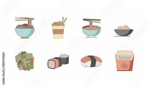 Asian Food Icon Set with Noodles Sushi and Takeaway Boxes