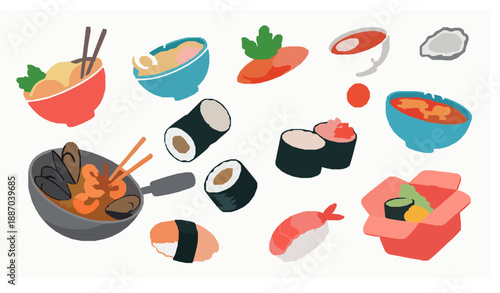 Flying Asian Food Vector Set with Noodles Sushi and Cartoon Takeaway Boxes