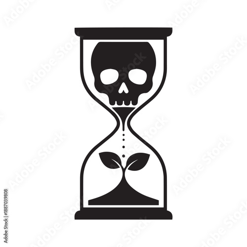 Hourglass with Skull on Top and Sprouting Plant Below, Symbolizing Time, Mortality, and Renewal