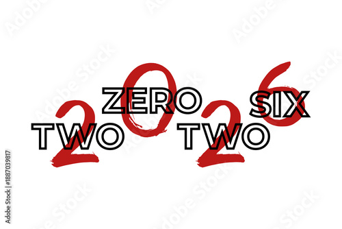 2026 Happy New Year greeting card. Chinese ink brush red numeral calligraphy. Grunge number hand drawn font and black lettering on white background. Vector illustration