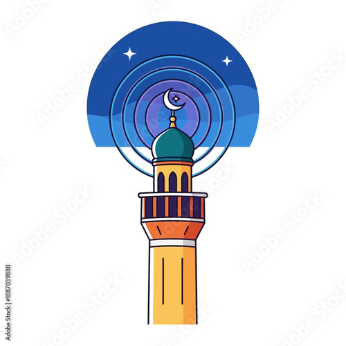 Mosque Minaret Tower with Crescent Moon.