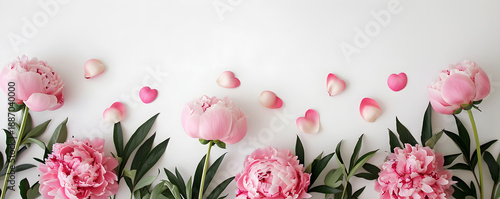 Pink peonies and heart-shaped petals flat lay on a white background. Spring floral arrangement with copy space for text. Love and romance concept