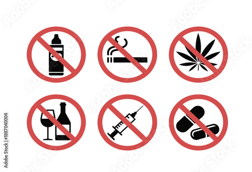 Set of six prohibition signs for no alcohol no smoking no drugs no bottle no syringe no pills with transparent background vector illustration