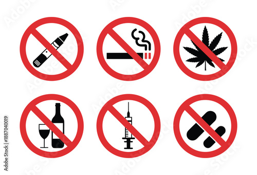 Set of prohibition signs for unhealthy habits including smoking alcohol and drug icons with red circles and black symbols on grid