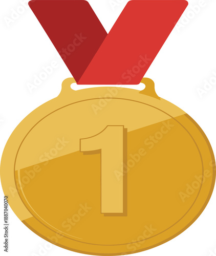 Gold medal with red ribbon, first place winner award symbol, achievement success concept isolated on white background illustration