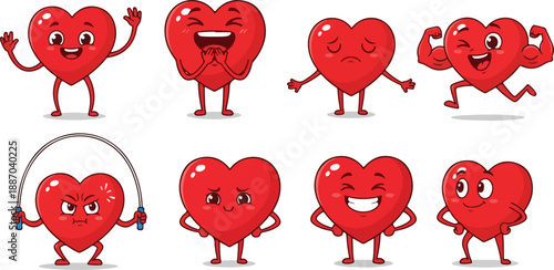 Cute cartoon heart character vector set showing different emotions and activities in playful illustration style eps
