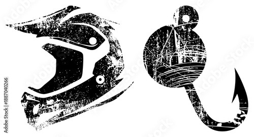 Grunge Styled Motorcycle Helmet and Fishing Hook Vector