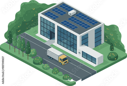 Isometric eco friendly office building with rooftop solar panels, delivery truck, green landscape, sustainable architecture, renewable energy concept illustration design