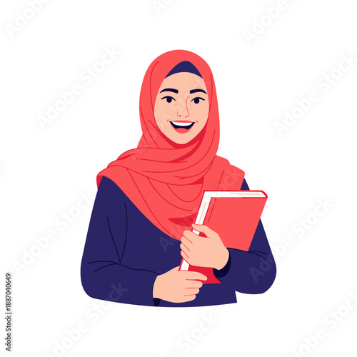 Woman Wearing Hijab Holding Red Book.