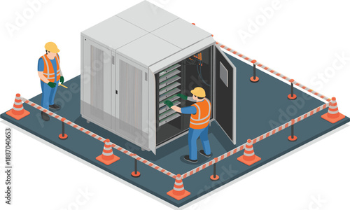 Isometric electrical cabinet maintenance with technicians servicing control panel, power infrastructure, industrial safety, engineering workflow, modern utility system operations illustration