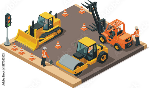 Isometric road construction scene with heavy machinery, workers, traffic cones, bulldozer, roller, forklift, infrastructure development, safety equipment