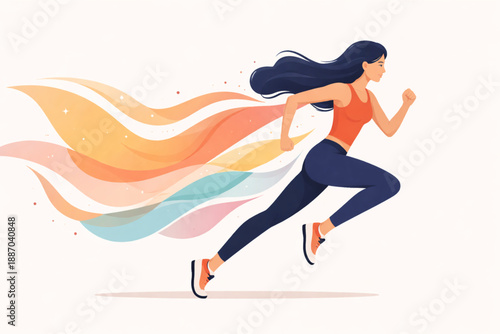 Woman running forward with flowing shapes suggesting momentum and change