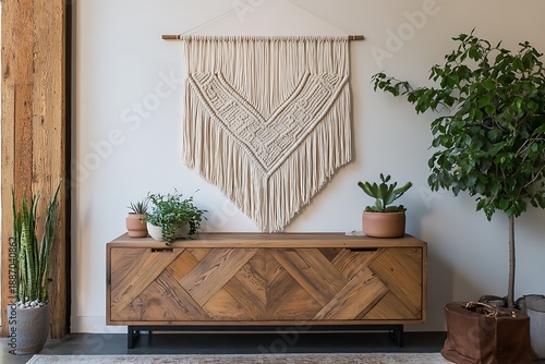 Zigzag design macramé wall art made with chunky cord, displayed above a low profile wood cabinet 
