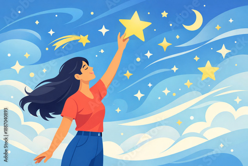 Woman reaching toward abstract star filled sky symbolizing ambition and dreams