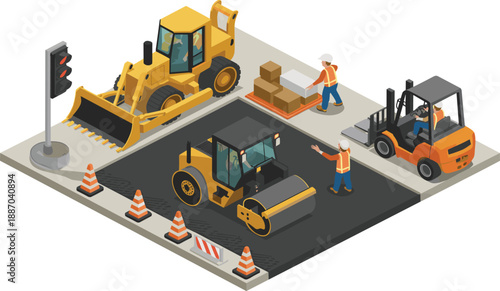 Isometric road construction scene with heavy machinery, workers, traffic cones, bulldozer, roller, forklift, infrastructure development, safety equipment