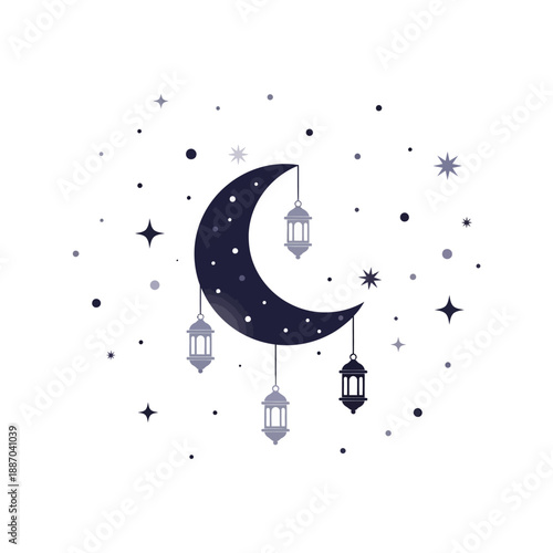 Crescent Moon with Lanterns and Stars.