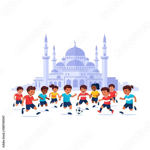 Children Playing Soccer in Front Mosque.