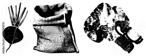 Vintage Halftone Illustration of Beet, Sack, and Stone Tool Set