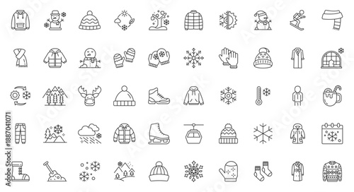 Set of 50 winter and cold-weather line vector icons. Featuring snowflake, snowman, scarf, mittens, ice skates, snowboard, hot drink and fireplace in modern outline style