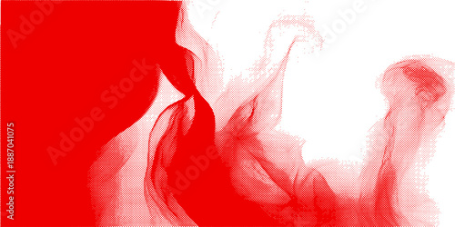 Vibrant dynamic red dot pattern forming an intricate abstract wave on a pristine white background