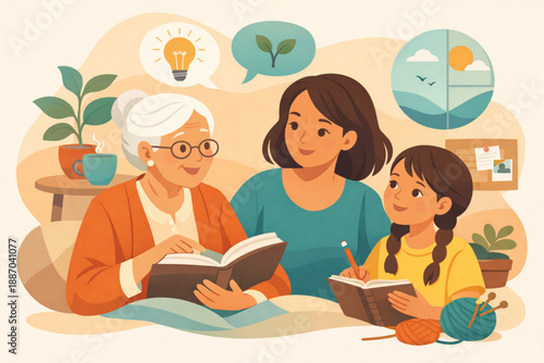 Intergenerational women sharing knowledge in a calm nurturing environment