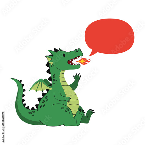 Cartoon dragon breathing fire with speech bubble